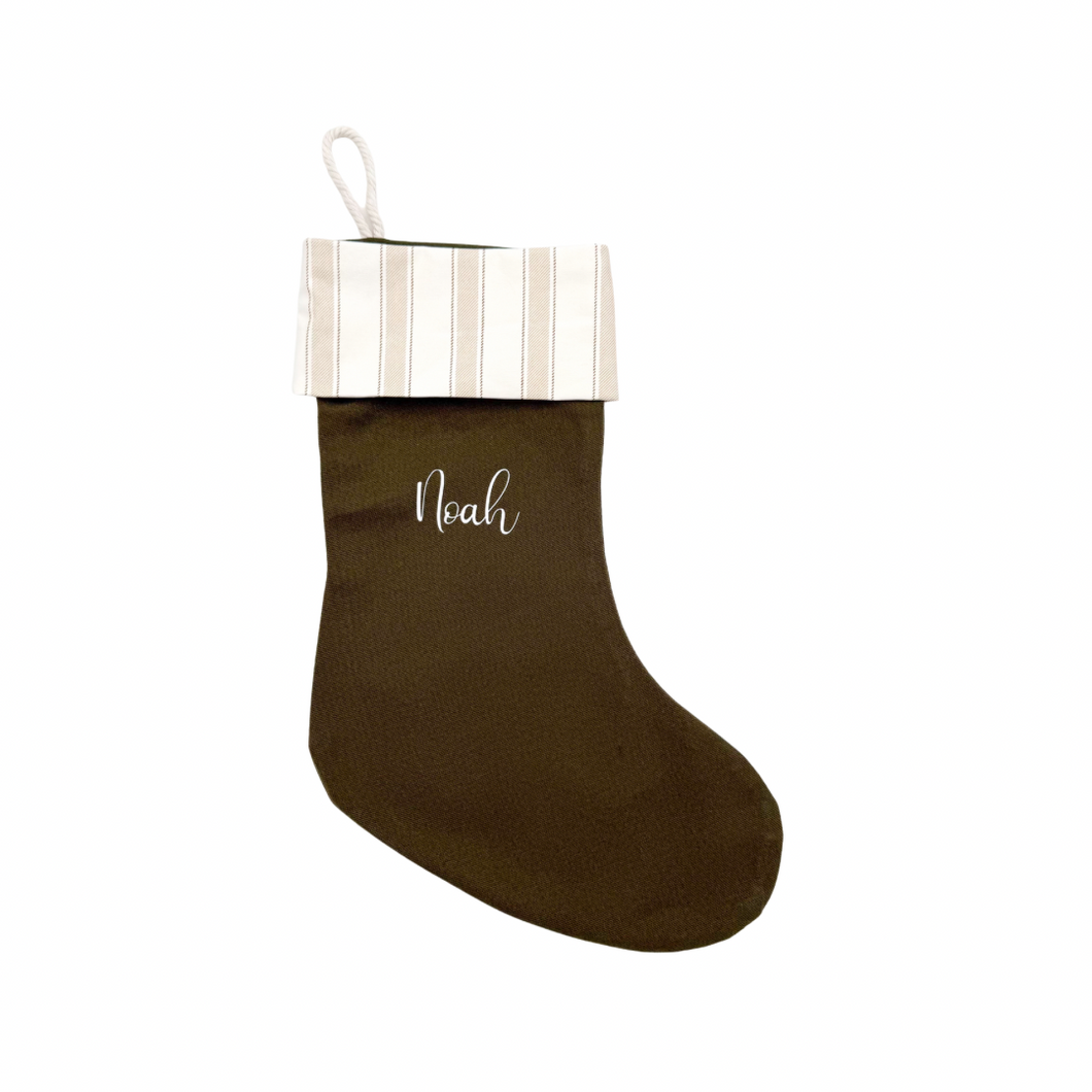 Christmas Stocking Olive with Natural Stripe - Personalised